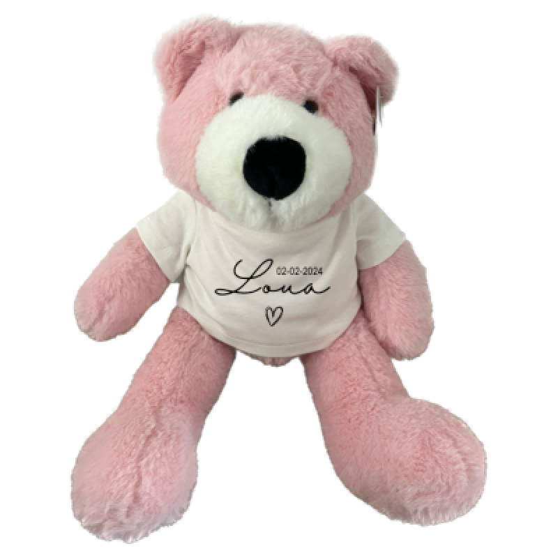 Knuffelbeer roze 45cm met naam en geboortedatum